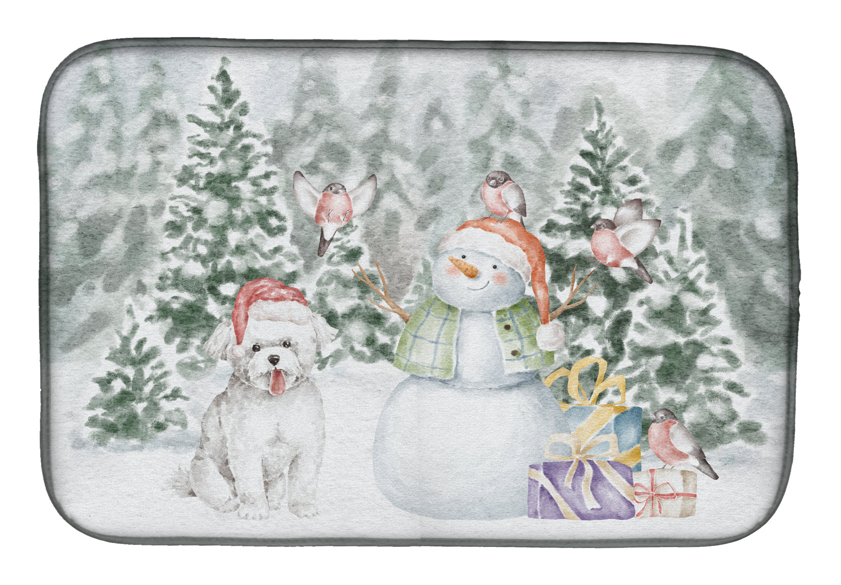 Bichon Frise Smiling Christmas Dish Drying Mat Absorbent Dish Drying Mat Pad for Kitchen Counter Dish Drainer Mat for Countertop, 14 x 21", Multicolor