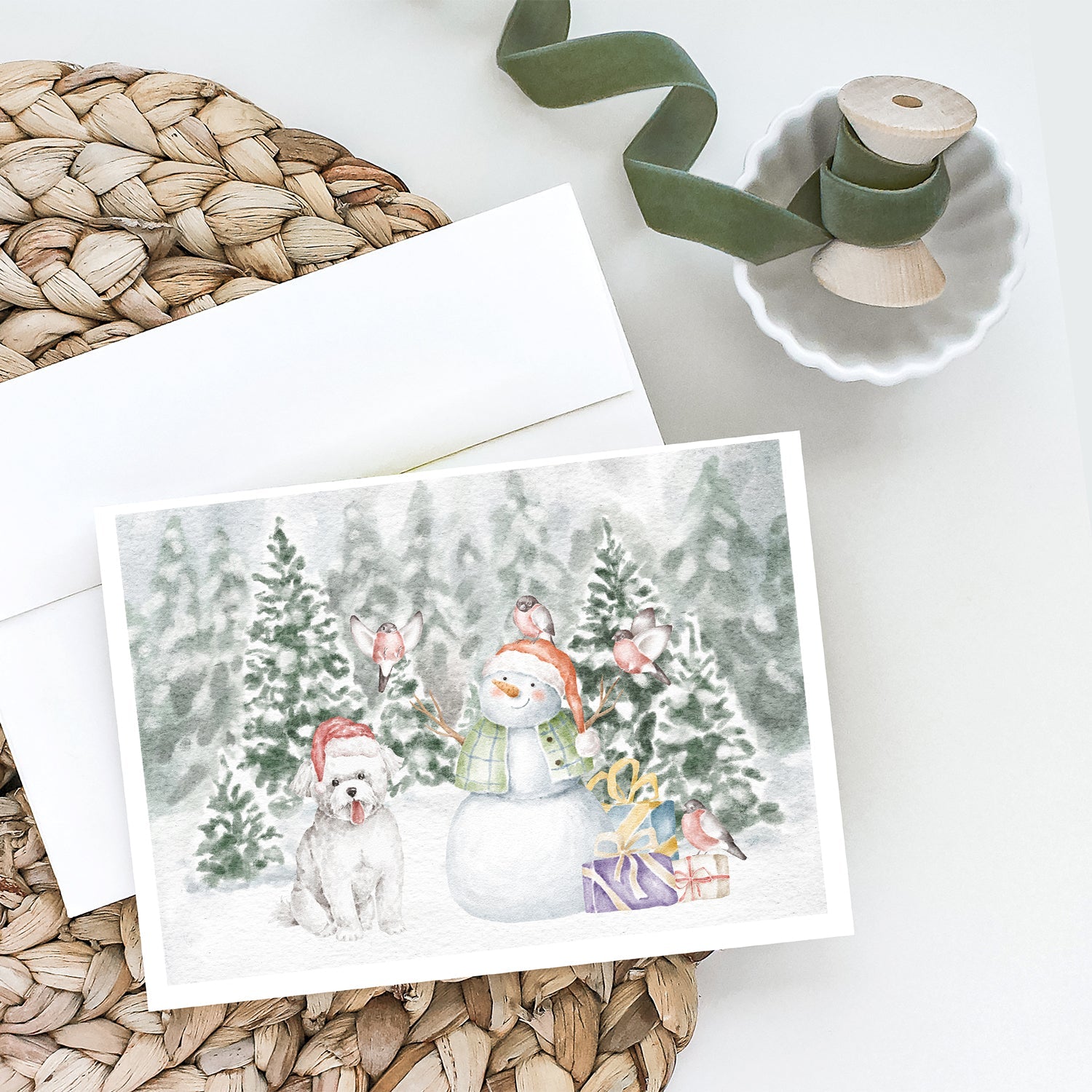 Bichon Frise Smiling Christmas Greeting Cards Pack of 8 Blank Cards with Envelopes Whimsical A7 Size 5x7