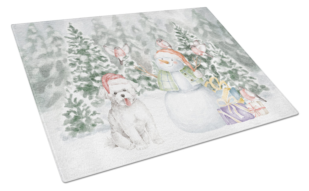 Bichon Frise Smiling Christmas Cutting Board Tempered Glass Kitchen Cutting Surface, Heat Resistant Chopping, Non-Slip Feet, Food Prep & Serving