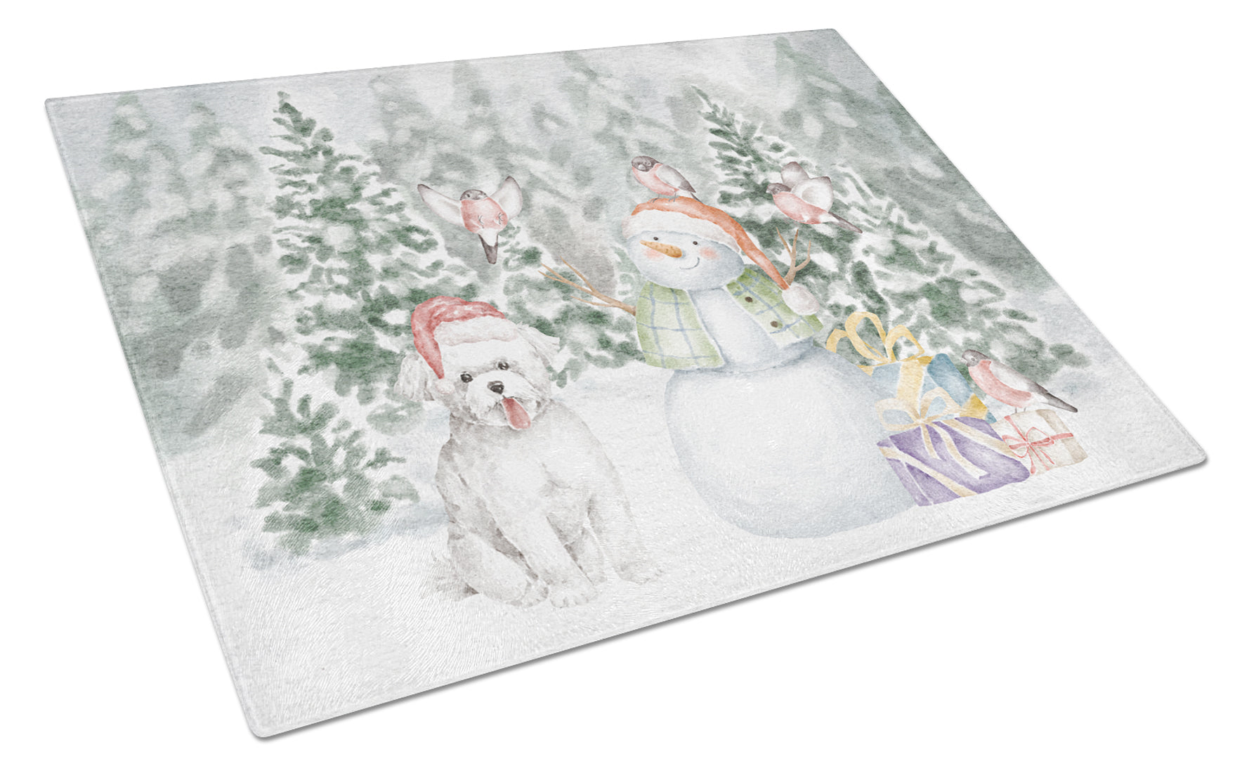 Bichon Frise Smiling Christmas Cutting Board Tempered Glass Kitchen Cutting Surface, Heat Resistant Chopping, Non-Slip Feet, Food Prep & Serving