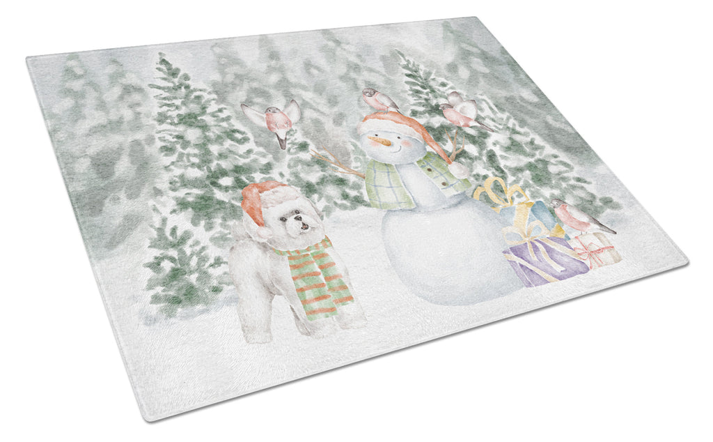 Bichon Frise Standing Christmas Cutting Board Tempered Glass Kitchen Cutting Surface, Heat Resistant Chopping, Non-Slip Feet, Food Prep & Serving