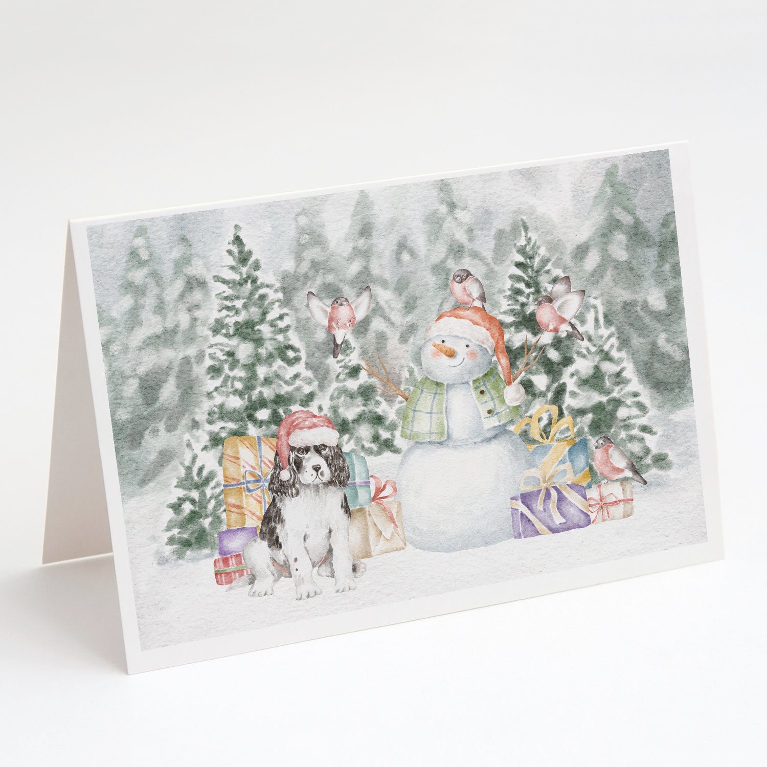 English Springer Spaniel Black and White Christmas Greeting Cards Pack of 8 Blank Cards with Envelopes Whimsical A7 Size 5x7