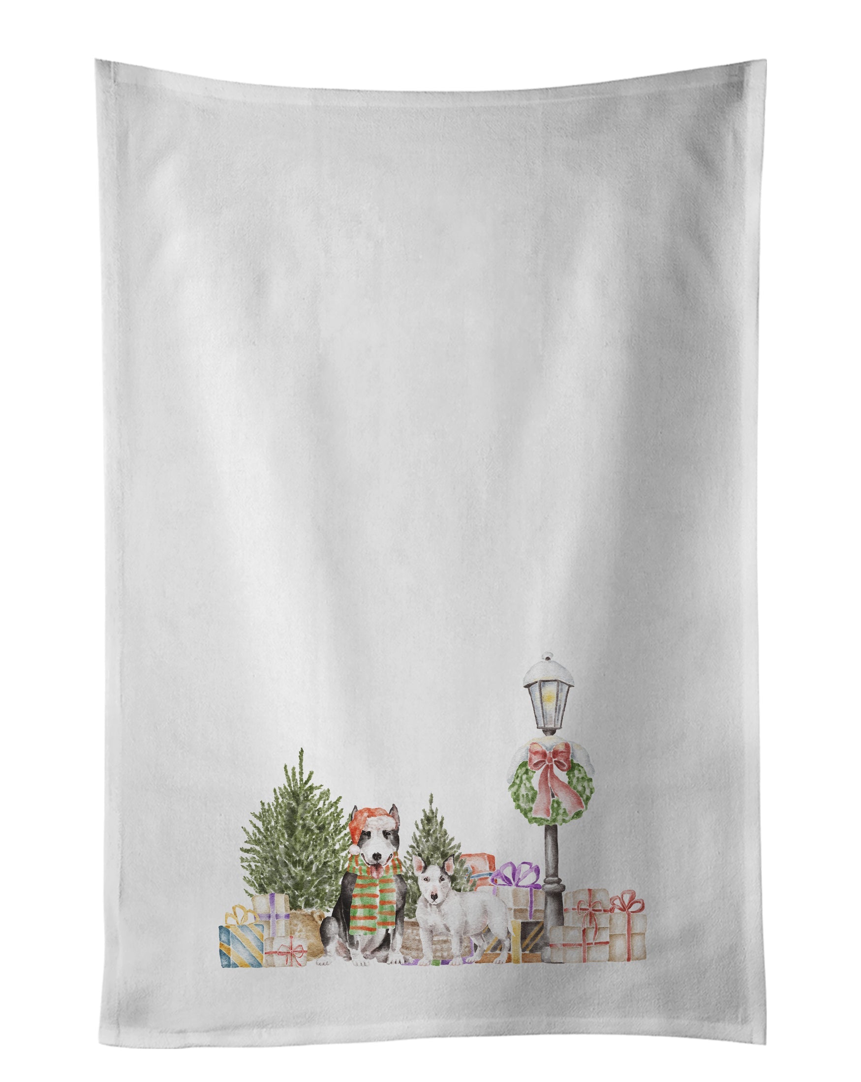 Bull Terrier Duo with Christmas Wonderland Kitchen Towel Set of 2 White Dish Towels Decorative Bathroom Hand towel for Hand, Face, Hair, Yoga, Tea, Dishcloth, 19 X 28", White