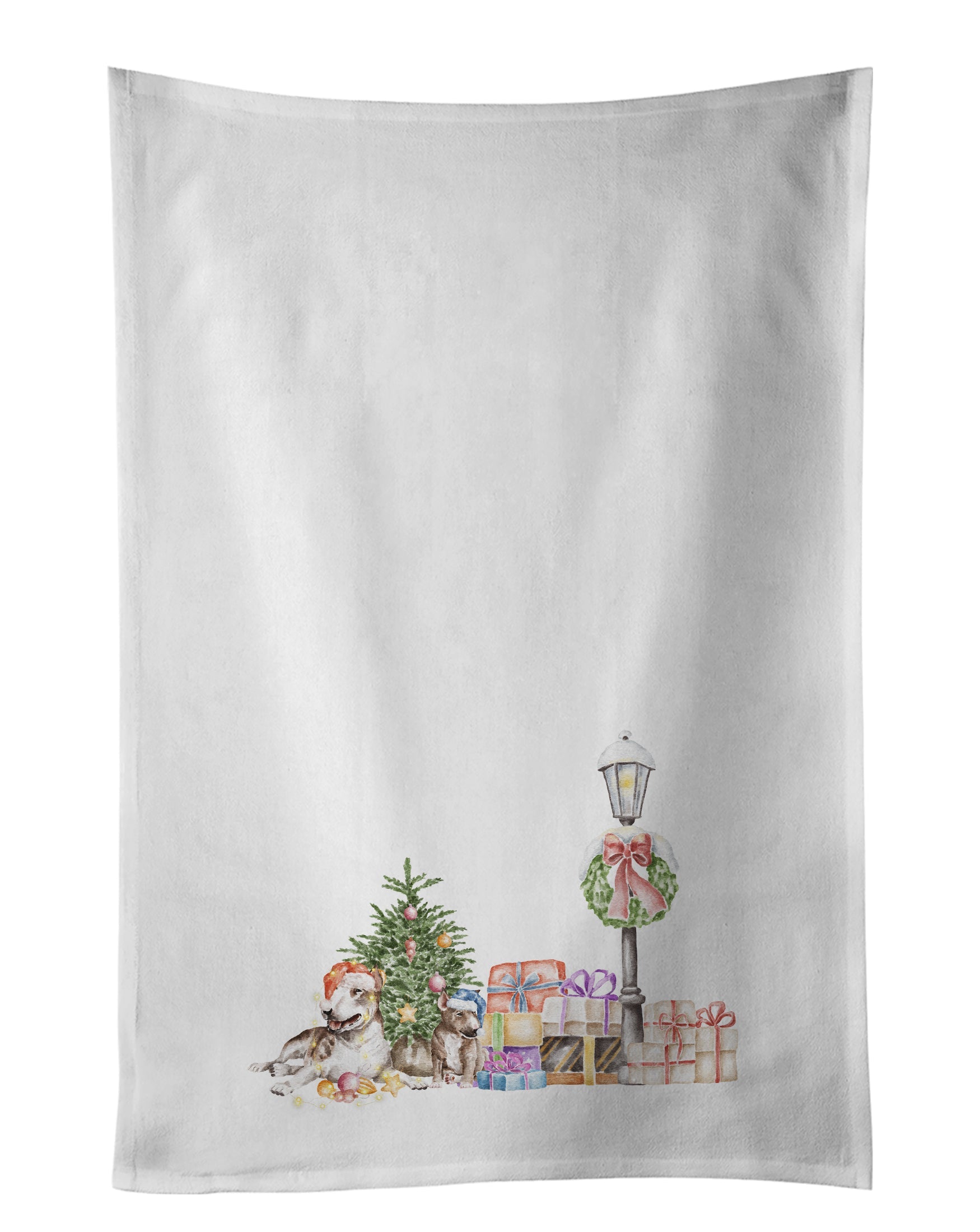 Bull Terrier Adult and Puppy with Christmas Wonderland Kitchen Towel Set of 2 White Dish Towels Decorative Bathroom Hand towel for Hand, Face, Hair, Yoga, Tea, Dishcloth, 19 X 28", White
