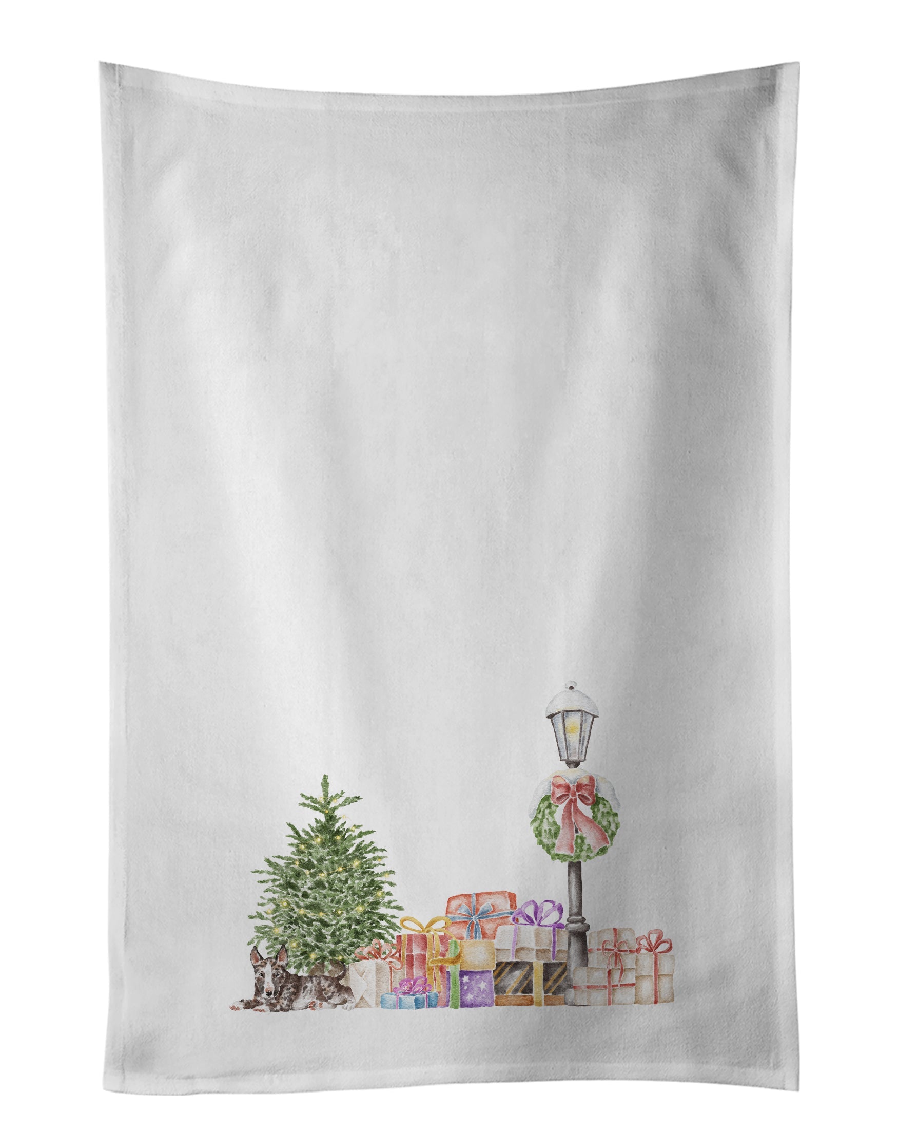 Bull Terrier Brindle with Christmas Wonderland Kitchen Towel Set of 2 White Dish Towels Decorative Bathroom Hand towel for Hand, Face, Hair, Yoga, Tea, Dishcloth, 19 X 28", White