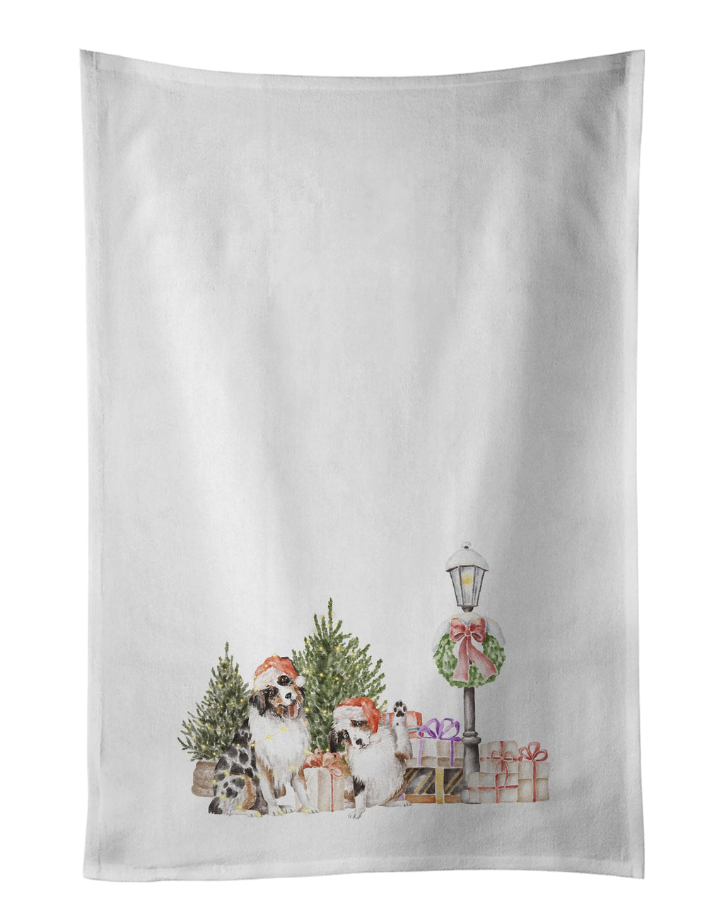 Australian Shepherd Excited Adult and Puppy with Christmas Wonderland Kitchen Towel Set of 2 White Dish Towels Decorative Bathroom Hand towel for Hand, Face, Hair, Yoga, Tea, Dishcloth, 19 X 28", White