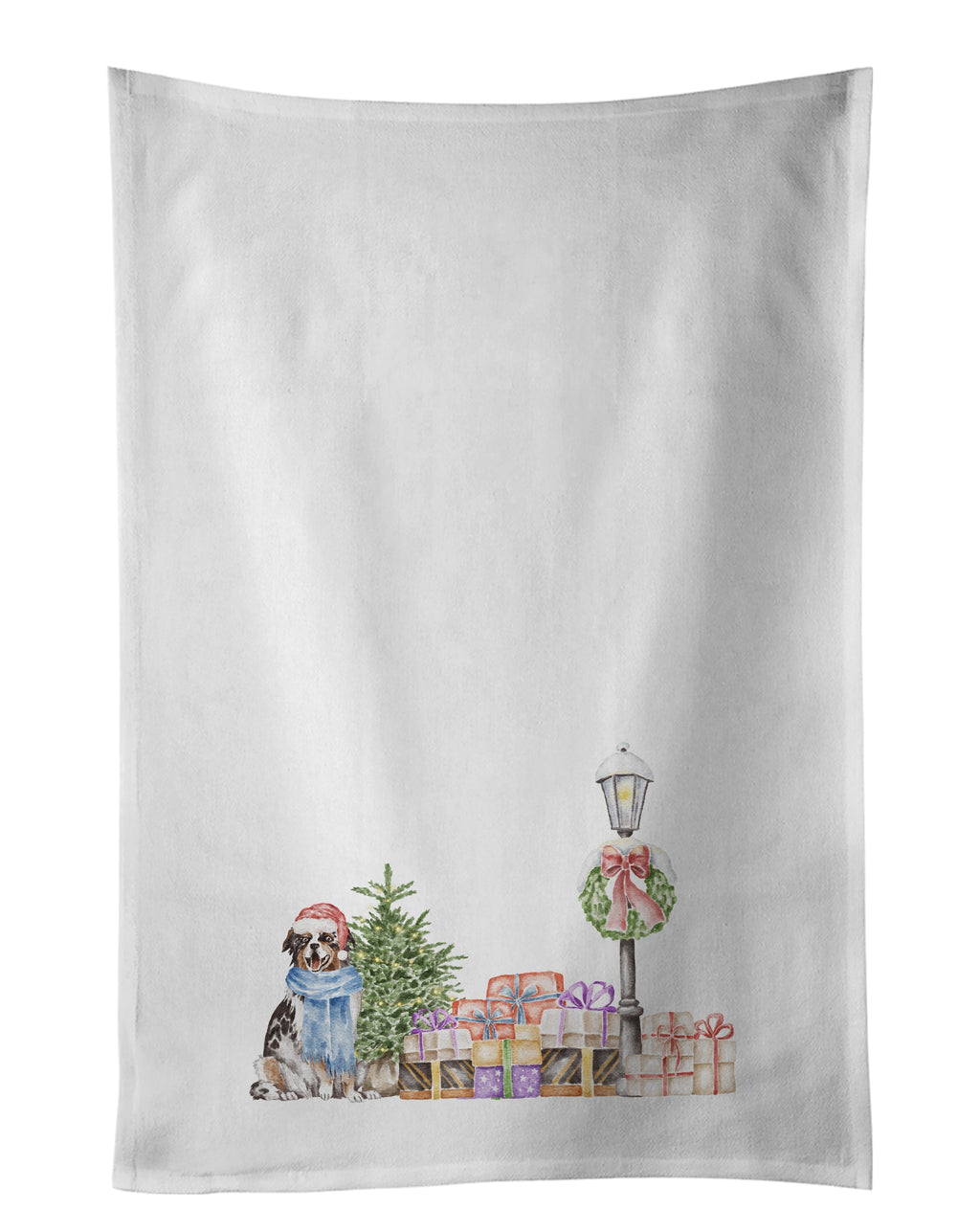 Australian Shepherd Blue Merle Smiling with Christmas Wonderland Kitchen Towel Set of 2 White Dish Towels Decorative Bathroom Hand towel for Hand, Face, Hair, Yoga, Tea, Dishcloth, 19 X 28", White