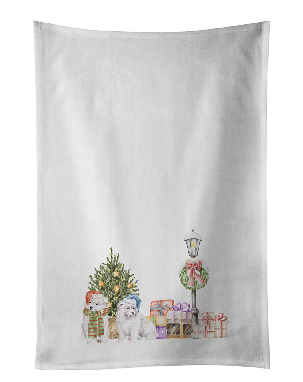 Samoyed Puppy Duo with Christmas Wonderland Kitchen Towel Set of 2 White Dish Towels Decorative Bathroom Hand towel for Hand, Face, Hair, Yoga, Tea, Dishcloth, 19 X 28", White