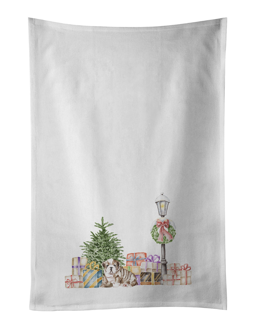 Bulldog Puppy with Christmas Wonderland Kitchen Towel Set of 2 White Dish Towels Decorative Bathroom Hand towel for Hand, Face, Hair, Yoga, Tea, Dishcloth, 19 X 28", White