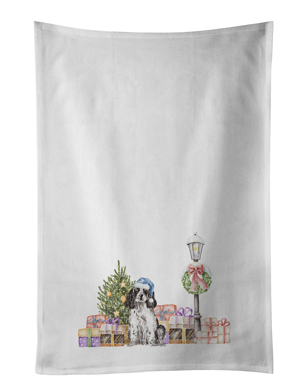 Cocker Spaniel Black and White with Christmas Wonderland Kitchen Towel Set of 2 White Dish Towels Decorative Bathroom Hand towel for Hand, Face, Hair, Yoga, Tea, Dishcloth, 19 X 28", White