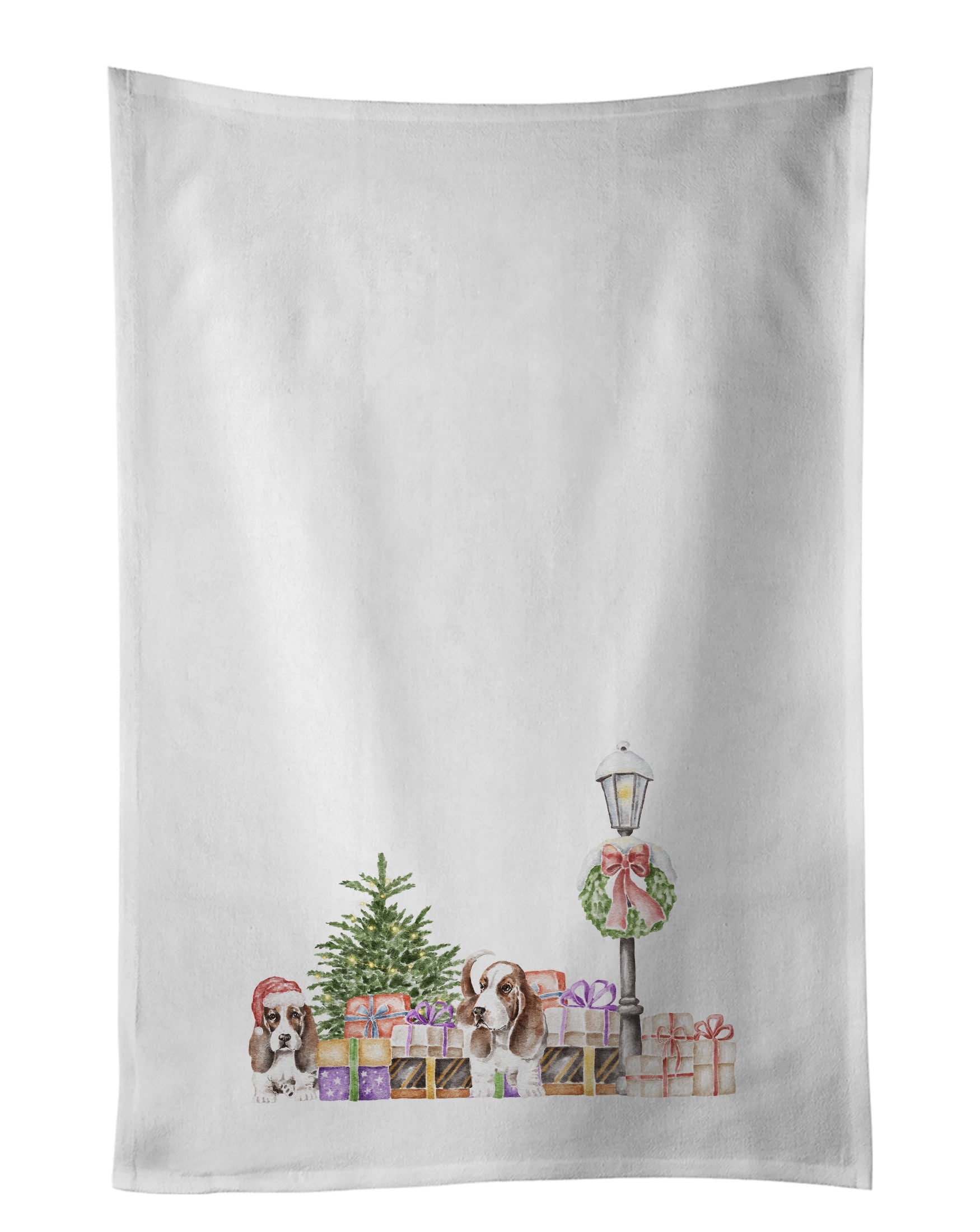 Basset Hound Adult and Puppy with Christmas Wonderland Kitchen Towel Set of 2 White Dish Towels Decorative Bathroom Hand towel for Hand, Face, Hair, Yoga, Tea, Dishcloth, 19 X 28", White