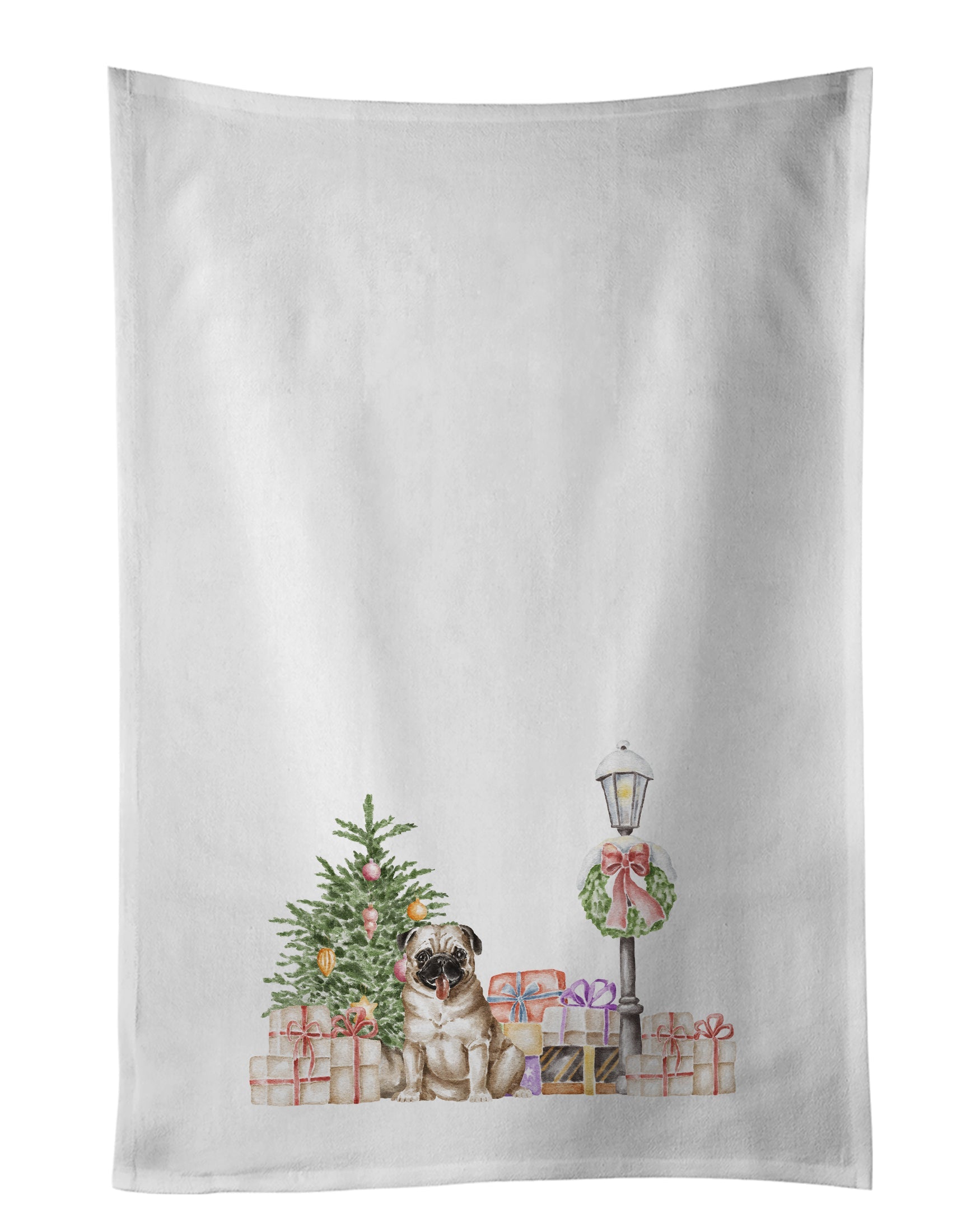 Pug Fawn with Christmas Wonderland Kitchen Towel Set of 2 White Dish Towels Decorative Bathroom Hand towel for Hand, Face, Hair, Yoga, Tea, Dishcloth, 19 X 28", White