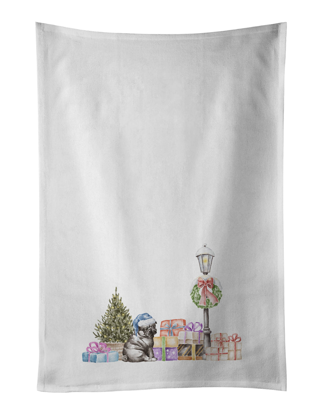 Pug Puppy Black with Christmas Wonderland Kitchen Towel Set of 2 White Dish Towels Decorative Bathroom Hand towel for Hand, Face, Hair, Yoga, Tea, Dishcloth, 19 X 28", White
