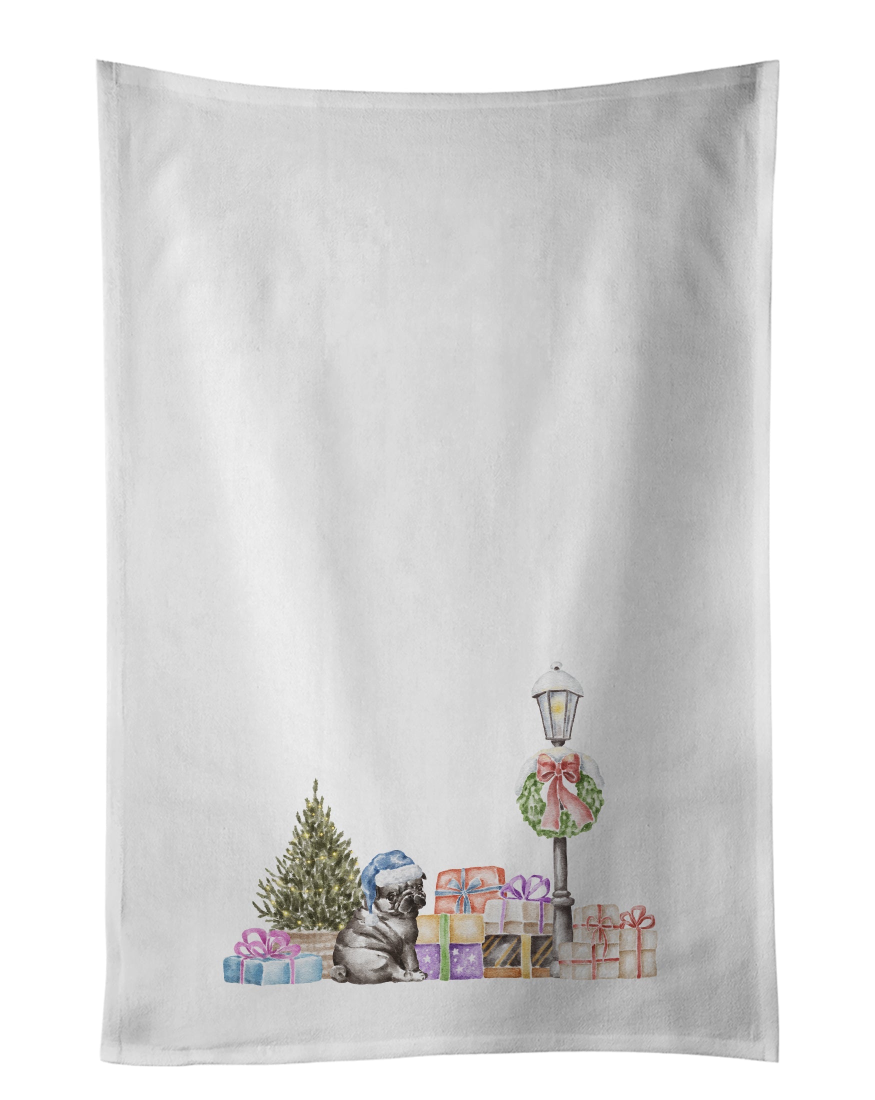 Pug Puppy Black with Christmas Wonderland Kitchen Towel Set of 2 White Dish Towels Decorative Bathroom Hand towel for Hand, Face, Hair, Yoga, Tea, Dishcloth, 19 X 28", White