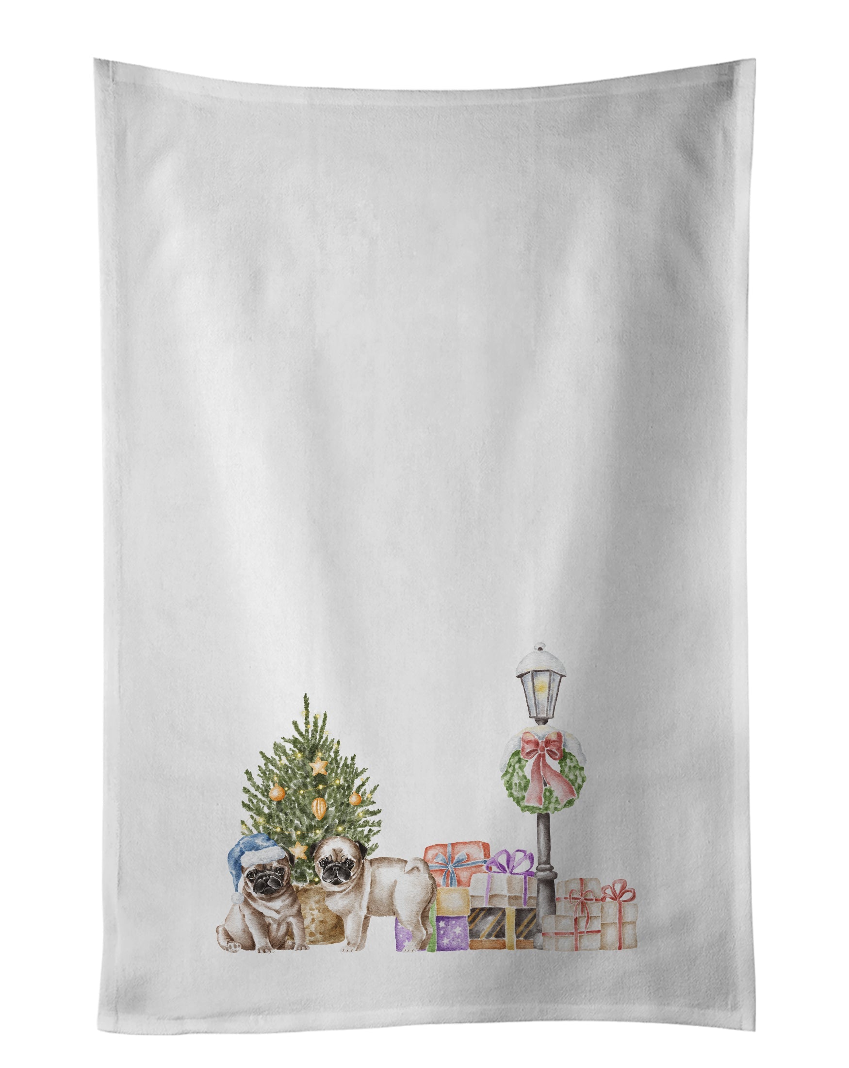 Pug Puppy Fawn Duo with Christmas Wonderland Kitchen Towel Set of 2 White Dish Towels Decorative Bathroom Hand towel for Hand, Face, Hair, Yoga, Tea, Dishcloth, 19 X 28", White
