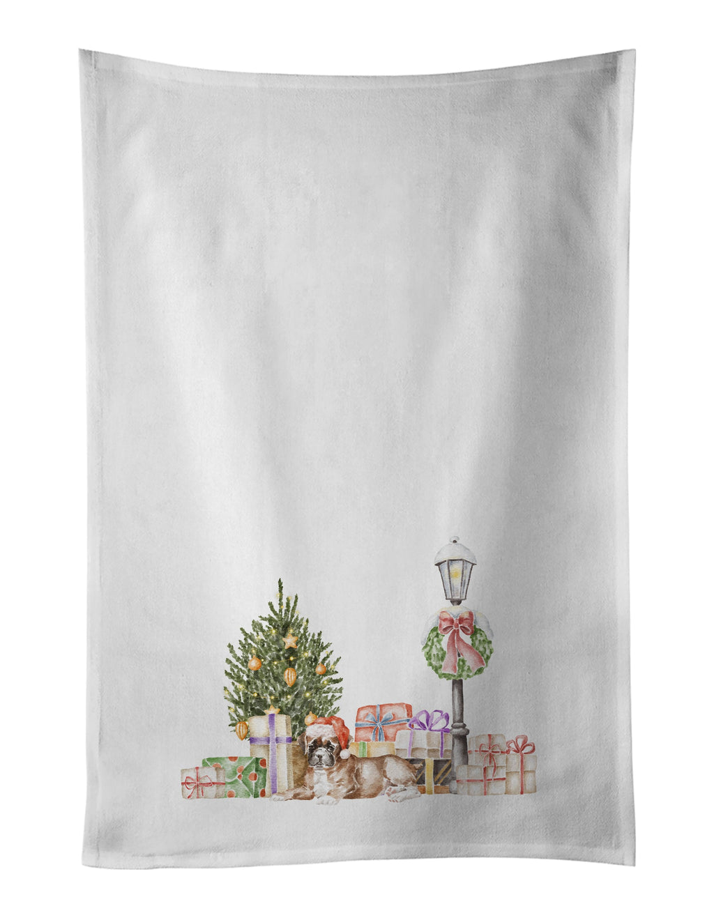 Boxer Fawn with Christmas Wonderland Kitchen Towel Set of 2 White Dish Towels Decorative Bathroom Hand towel for Hand, Face, Hair, Yoga, Tea, Dishcloth, 19 X 28", White