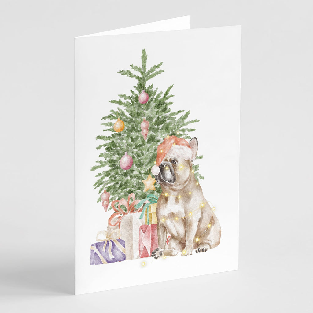 French Bulldog Fawn Christmas Presents and Tree Greeting Cards Pack of 8 Blank Cards with Envelopes Whimsical A7 Size 5x7