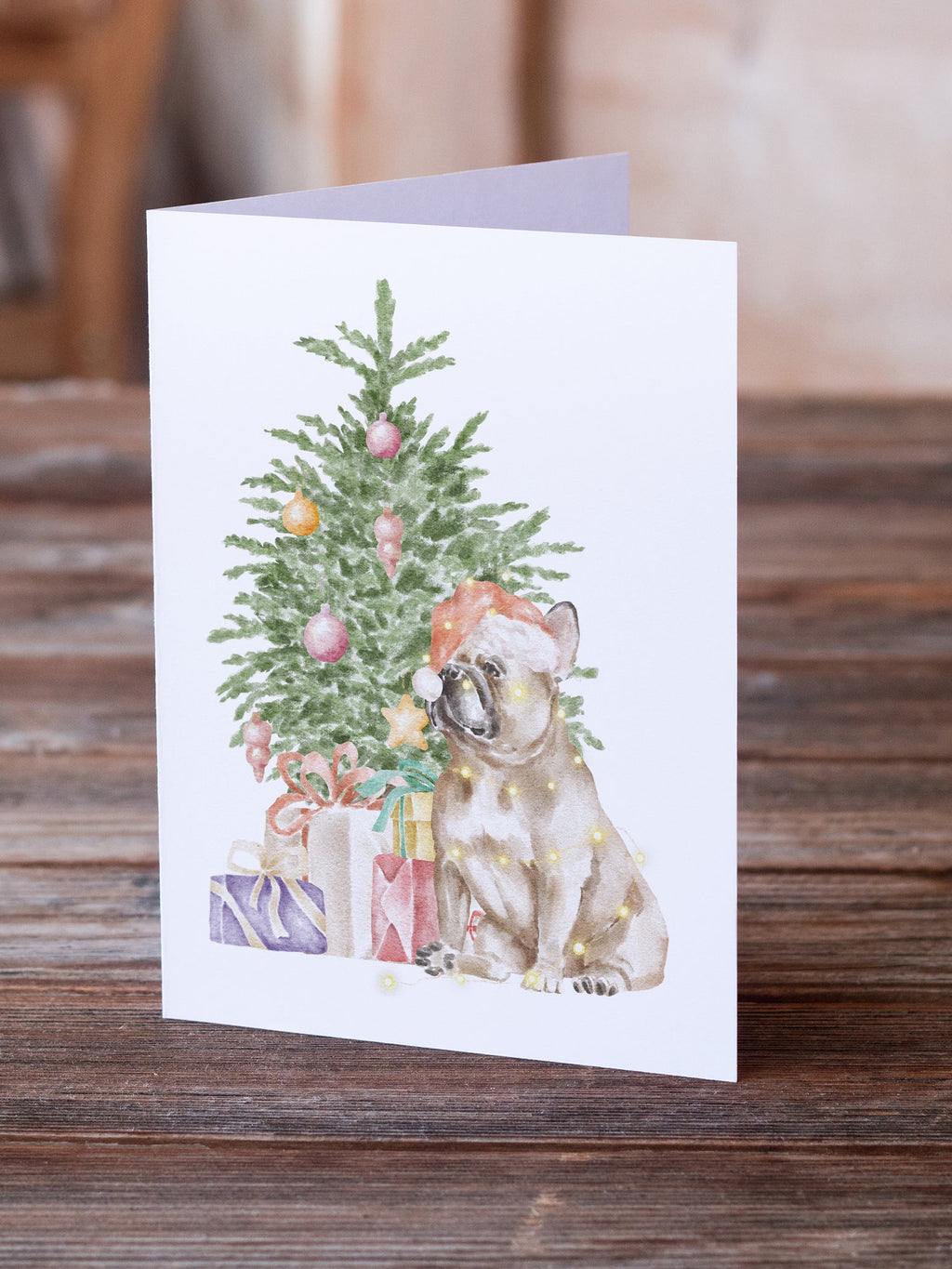 French Bulldog Fawn Christmas Presents and Tree Greeting Cards Pack of 8 Blank Cards with Envelopes Whimsical A7 Size 5x7