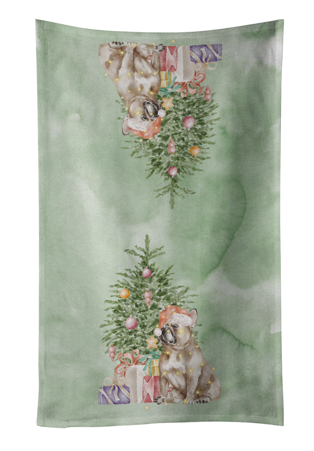 French Bulldog Fawn Christmas Presents and Tree Kitchen Towel Velour Plush Front and Cotton Loop Back Machine Washable