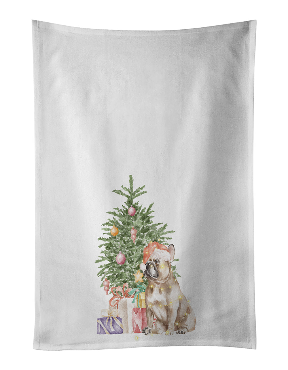 French Bulldog Fawn Christmas Presents and Tree Kitchen Towel Set of 2 White Dish Towels Decorative Bathroom Hand towel for Hand, Face, Hair, Yoga, Tea, Dishcloth, 19 X 28", White
