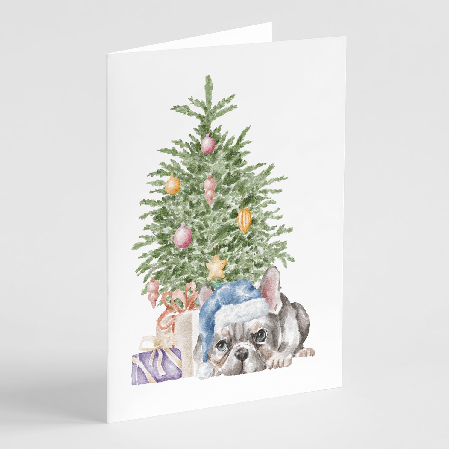 French Bulldog Black #1 Christmas Presents and Tree Greeting Cards Pack of 8 Blank Cards with Envelopes Whimsical A7 Size 5x7