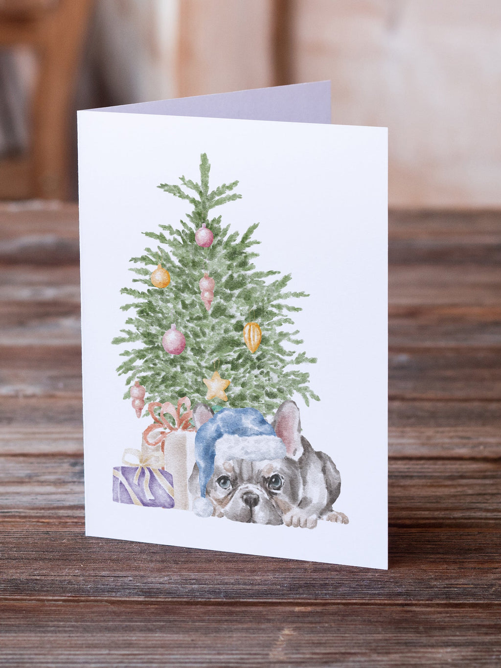 French Bulldog Black #1 Christmas Presents and Tree Greeting Cards Pack of 8 Blank Cards with Envelopes Whimsical A7 Size 5x7