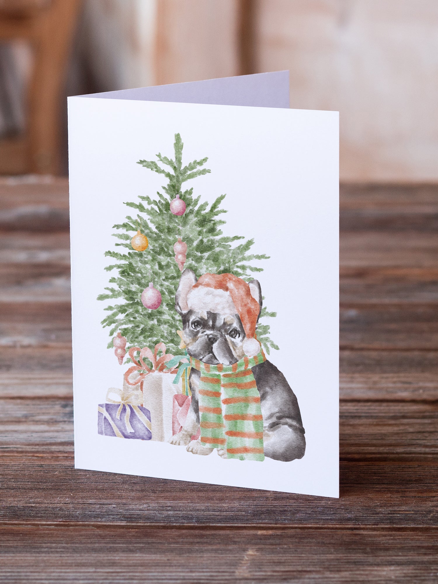 French Bulldog Black #2 Christmas Presents and Tree Greeting Cards Pack of 8 Blank Cards with Envelopes Whimsical A7 Size 5x7