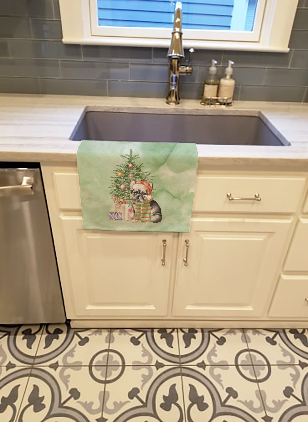 French Bulldog Black #2 Christmas Presents and Tree Kitchen Towel Velour Plush Front and Cotton Loop Back Machine Washable