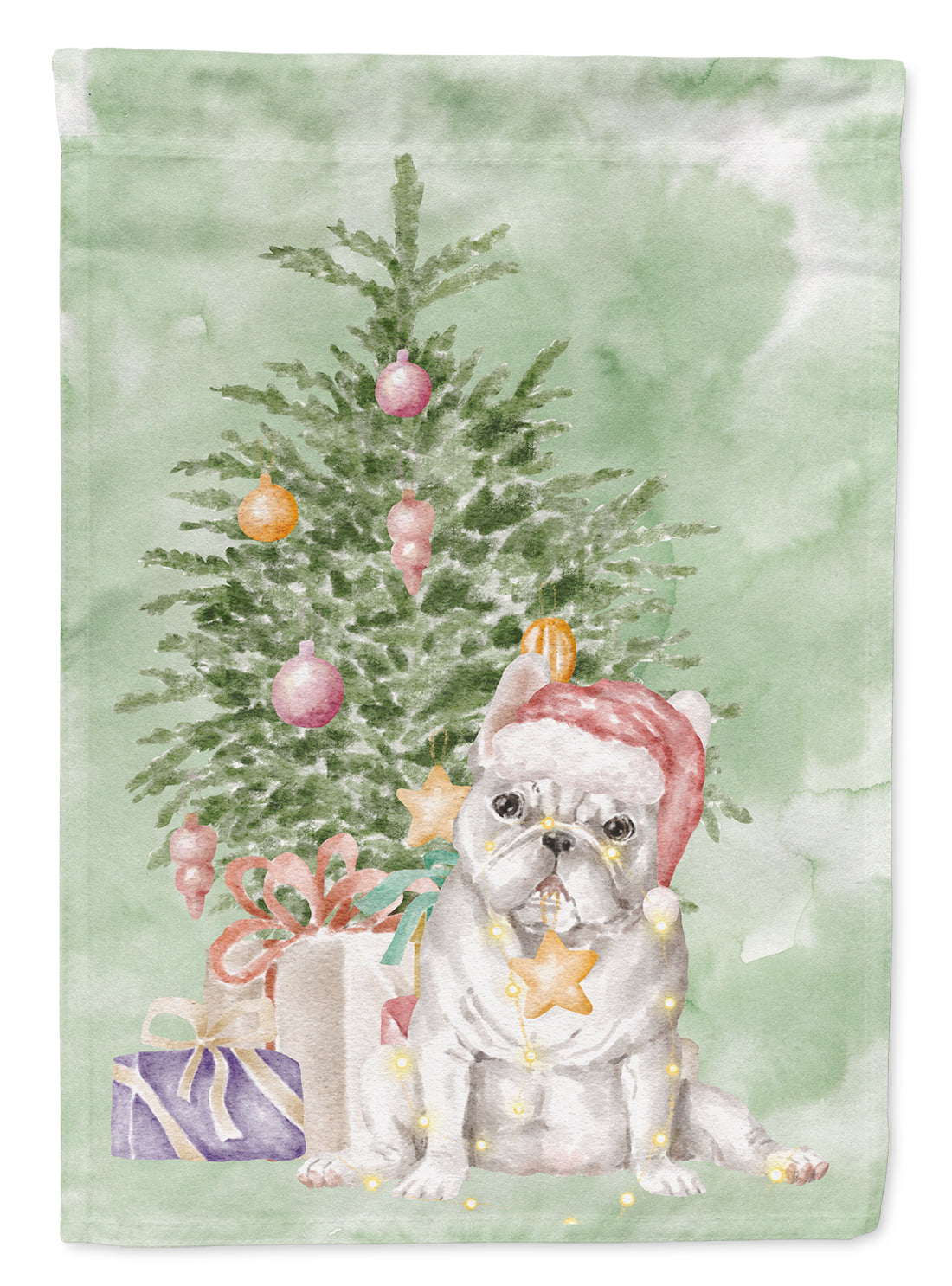 French Bulldog White Christmas Presents and Tree House Flag 28x40 Porch Sleeve Pole Decorative Outside Yard Banner Artwork Wall Hanging, Polyester