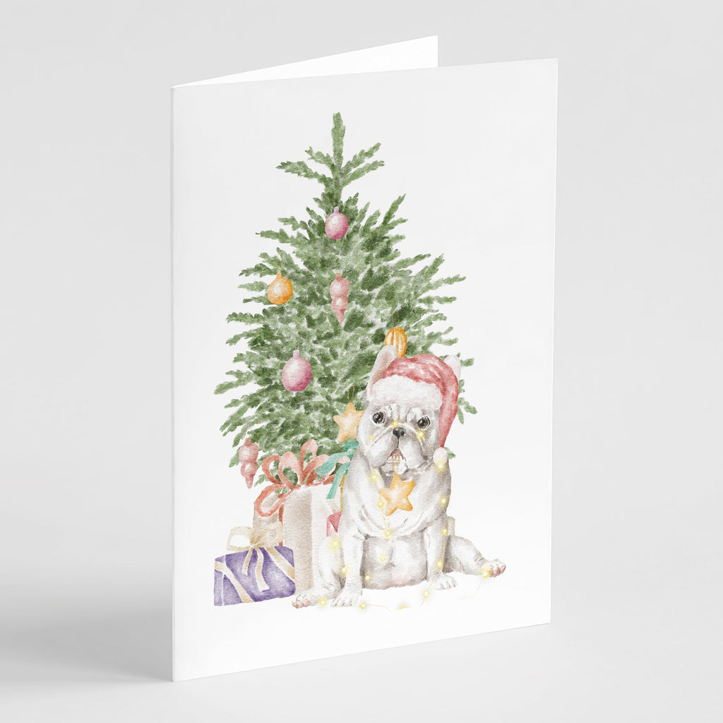 French Bulldog White Christmas Presents and Tree Greeting Cards Pack of 8 Blank Cards with Envelopes Whimsical A7 Size 5x7