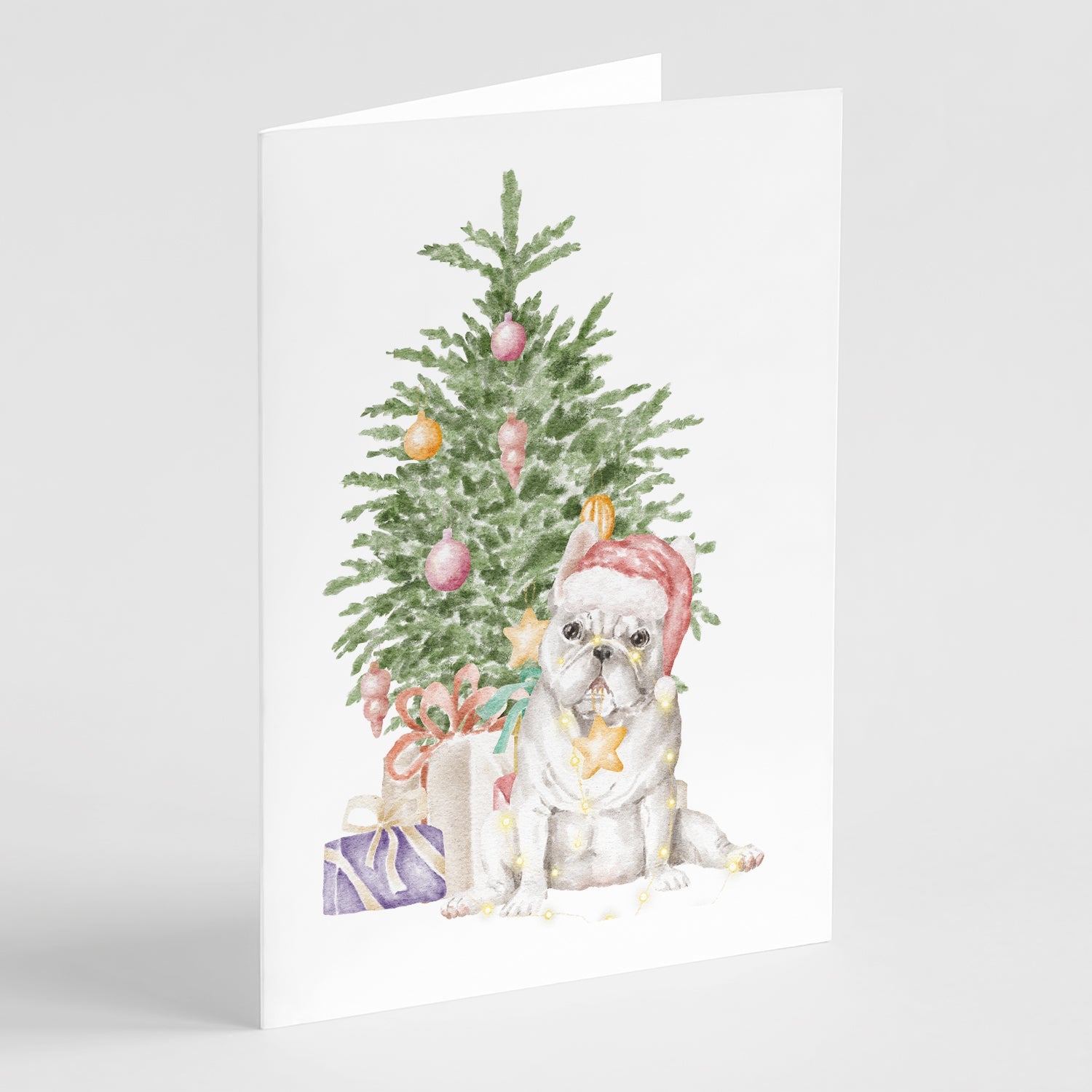 French Bulldog White Christmas Presents and Tree Greeting Cards Pack of 8 Blank Cards with Envelopes Whimsical A7 Size 5x7