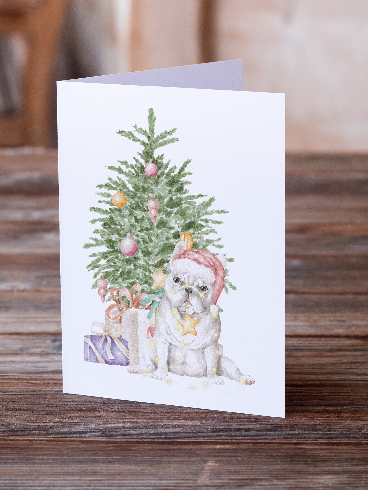 French Bulldog White Christmas Presents and Tree Greeting Cards Pack of 8 Blank Cards with Envelopes Whimsical A7 Size 5x7