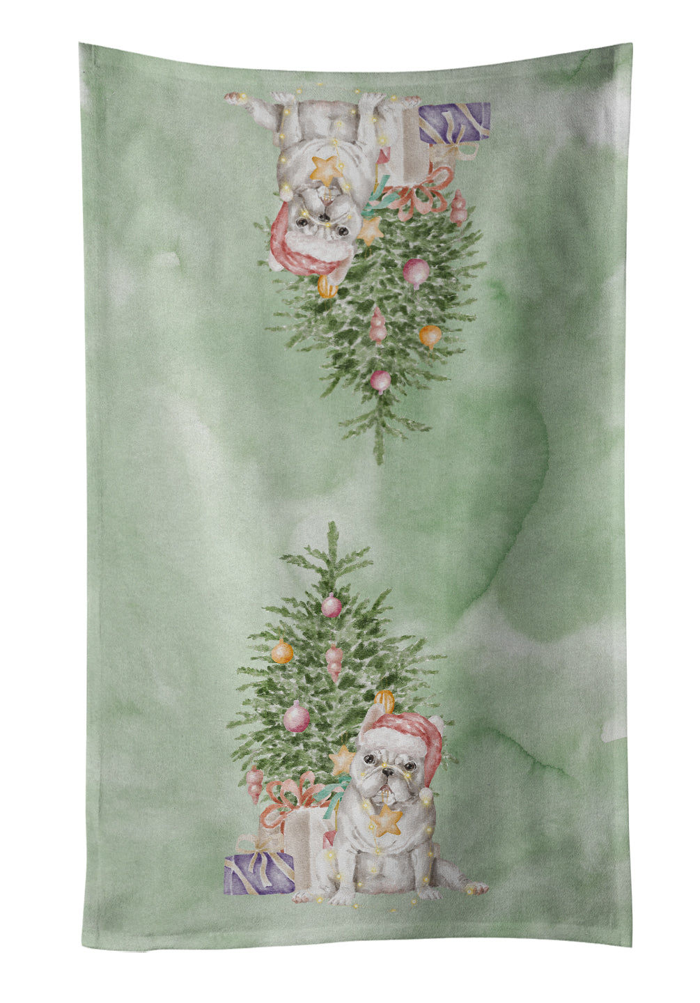French Bulldog White Christmas Presents and Tree Kitchen Towel Velour Plush Front and Cotton Loop Back Machine Washable