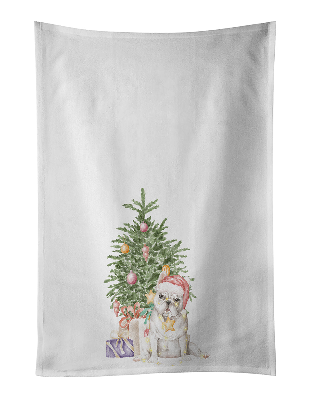 French Bulldog White Christmas Presents and Tree Kitchen Towel Set of 2 White Dish Towels Decorative Bathroom Hand towel for Hand, Face, Hair, Yoga, Tea, Dishcloth, 19 X 28", White