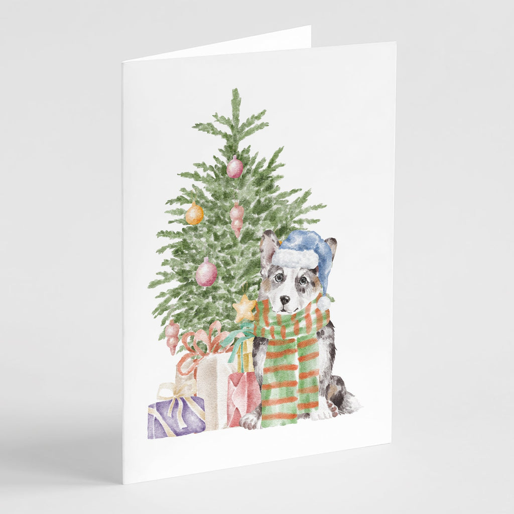 Corgi Cardigan Blue Merle Christmas Presents and Tree Greeting Cards Pack of 8 Blank Cards with Envelopes Whimsical A7 Size 5x7