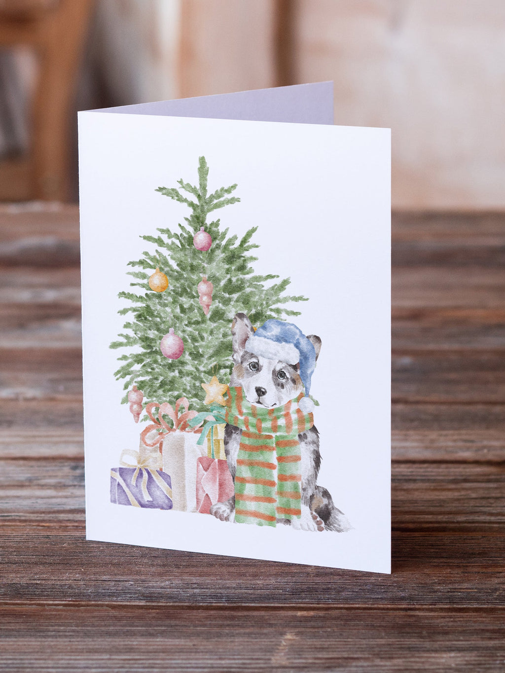 Corgi Cardigan Blue Merle Christmas Presents and Tree Greeting Cards Pack of 8 Blank Cards with Envelopes Whimsical A7 Size 5x7