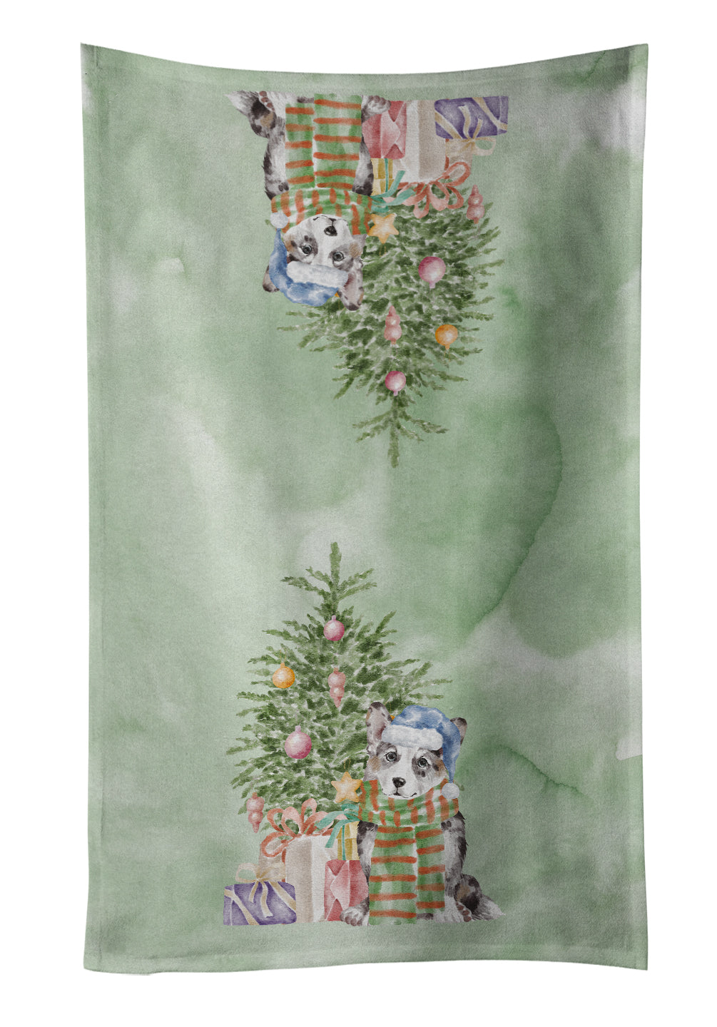 Corgi Cardigan Blue Merle Christmas Presents and Tree Kitchen Towel Velour Plush Front and Cotton Loop Back Machine Washable