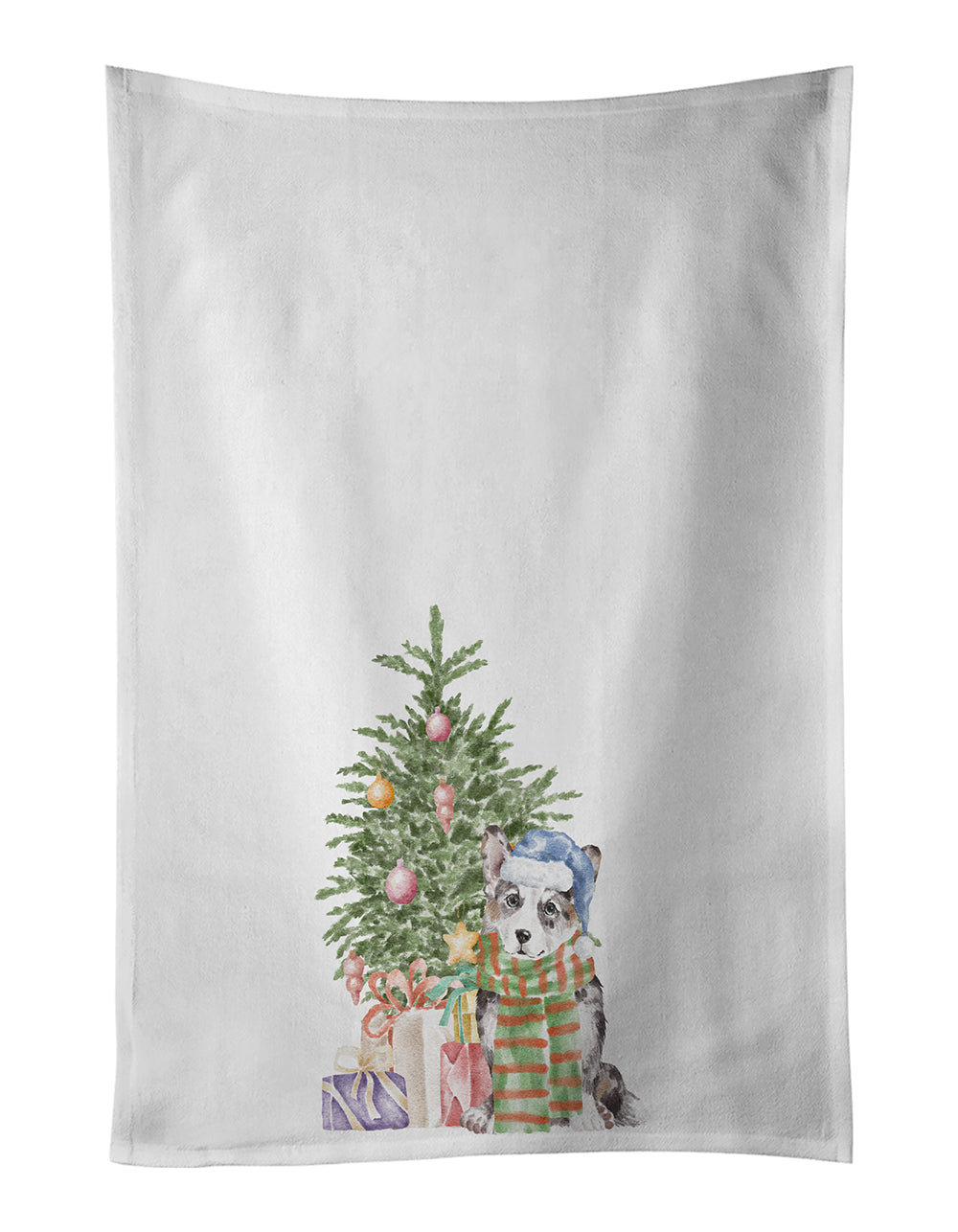 Corgi Cardigan Blue Merle Christmas Presents and Tree Kitchen Towel Set of 2 White Dish Towels Decorative Bathroom Hand towel for Hand, Face, Hair, Yoga, Tea, Dishcloth, 19 X 28", White