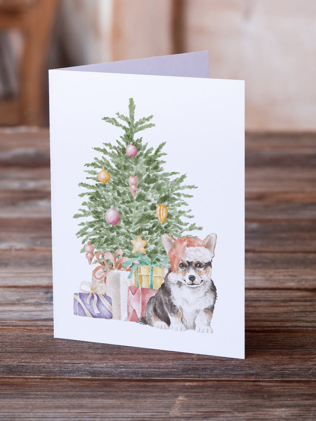 Corgi Puppy Christmas Presents and Tree Greeting Cards Pack of 8 Blank Cards with Envelopes Whimsical A7 Size 5x7