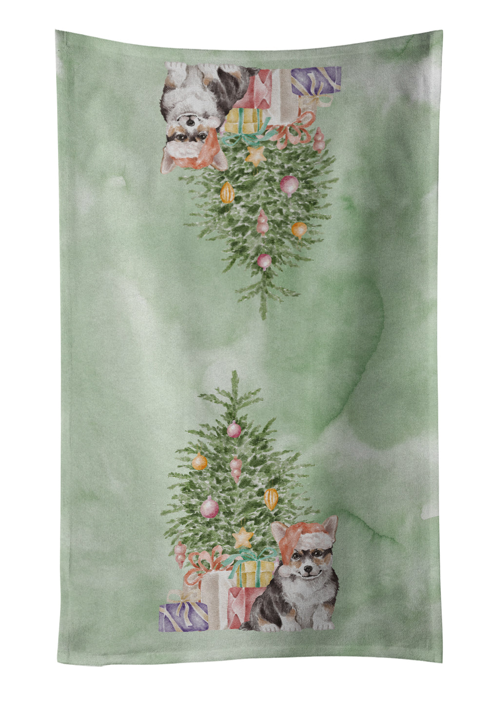Corgi Puppy Christmas Presents and Tree Kitchen Towel Velour Plush Front and Cotton Loop Back Machine Washable