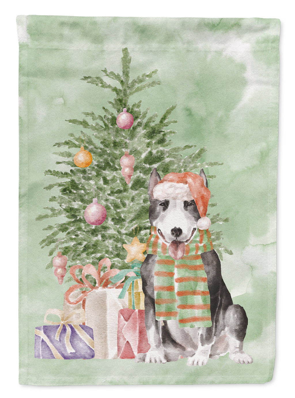 Bull Terrier Black Christmas Presents and Tree House Flag 28x40 Porch Sleeve Pole Decorative Outside Yard Banner Artwork Wall Hanging, Polyester