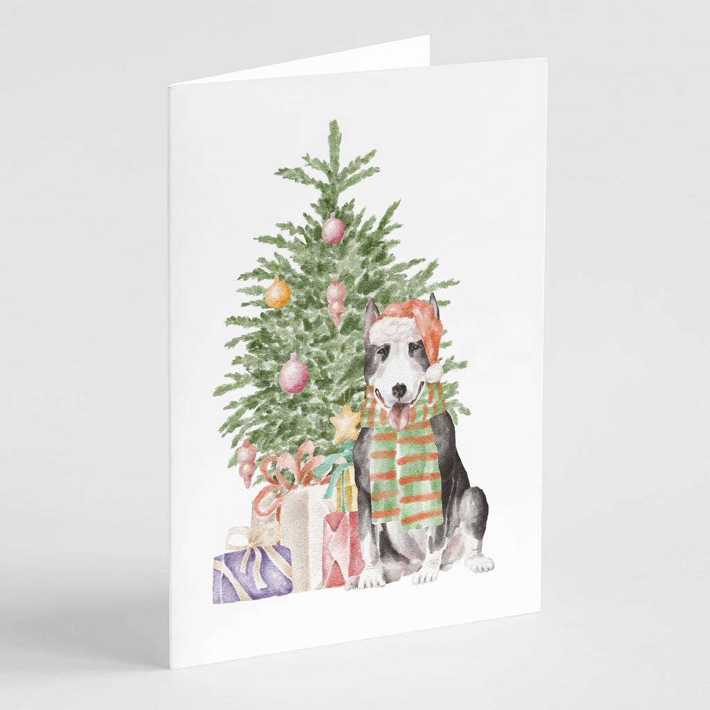Bull Terrier Black Christmas Presents and Tree Greeting Cards Pack of 8 Blank Cards with Envelopes Whimsical A7 Size 5x7