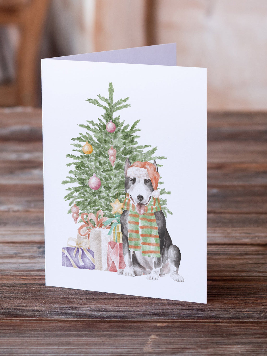 Bull Terrier Black Christmas Presents and Tree Greeting Cards Pack of 8 Blank Cards with Envelopes Whimsical A7 Size 5x7