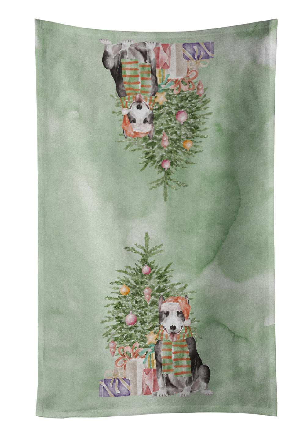Bull Terrier Black Christmas Presents and Tree Kitchen Towel Velour Plush Front and Cotton Loop Back Machine Washable