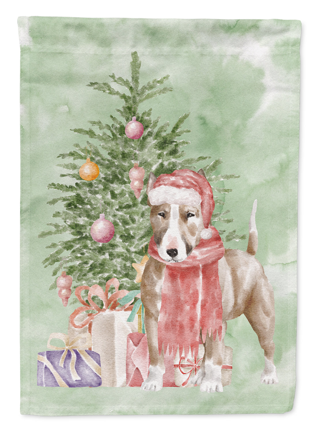 Bull Terrier Red Christmas Presents and Tree House Flag 28x40 Porch Sleeve Pole Decorative Outside Yard Banner Artwork Wall Hanging, Polyester