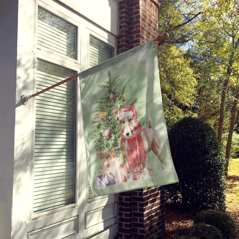Bull Terrier Red Christmas Presents and Tree House Flag 28x40 Porch Sleeve Pole Decorative Outside Yard Banner Artwork Wall Hanging, Polyester