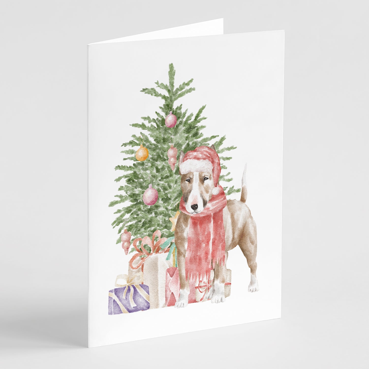 Bull Terrier Red Christmas Presents and Tree Greeting Cards Pack of 8 Blank Cards with Envelopes Whimsical A7 Size 5x7