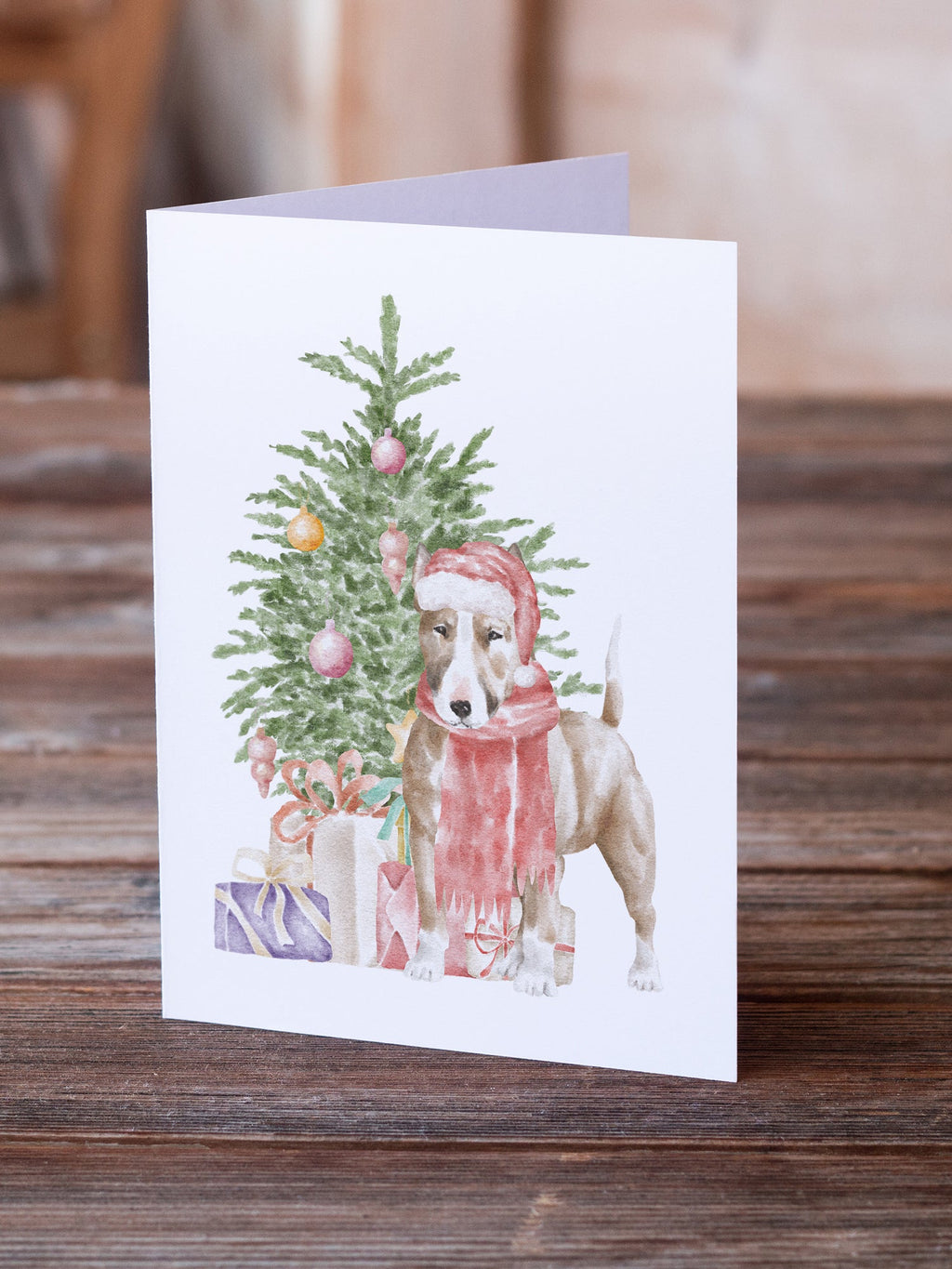 Bull Terrier Red Christmas Presents and Tree Greeting Cards Pack of 8 Blank Cards with Envelopes Whimsical A7 Size 5x7