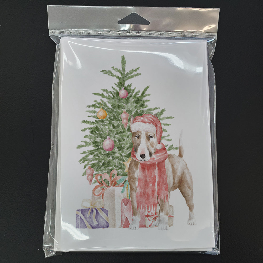 Bull Terrier Red Christmas Presents and Tree Greeting Cards Pack of 8 Blank Cards with Envelopes Whimsical A7 Size 5x7