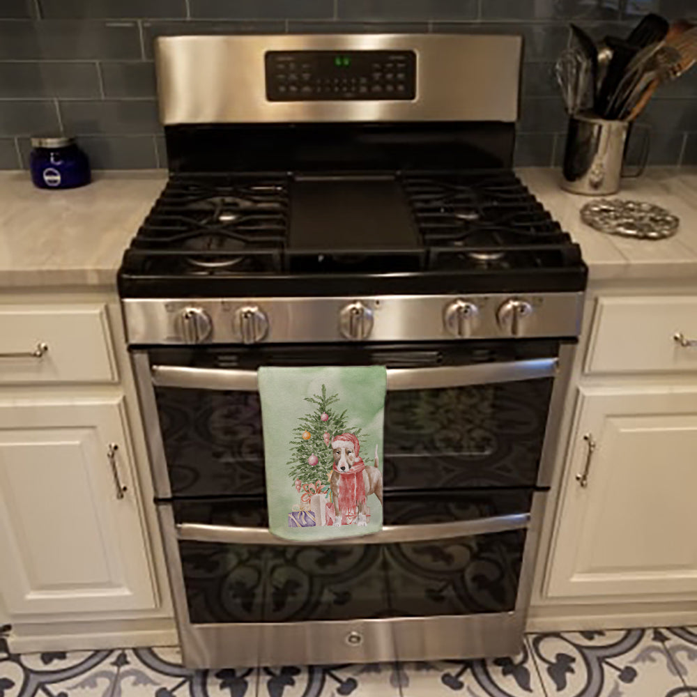 Bull Terrier Red Christmas Presents and Tree Kitchen Towel Velour Plush Front and Cotton Loop Back Machine Washable